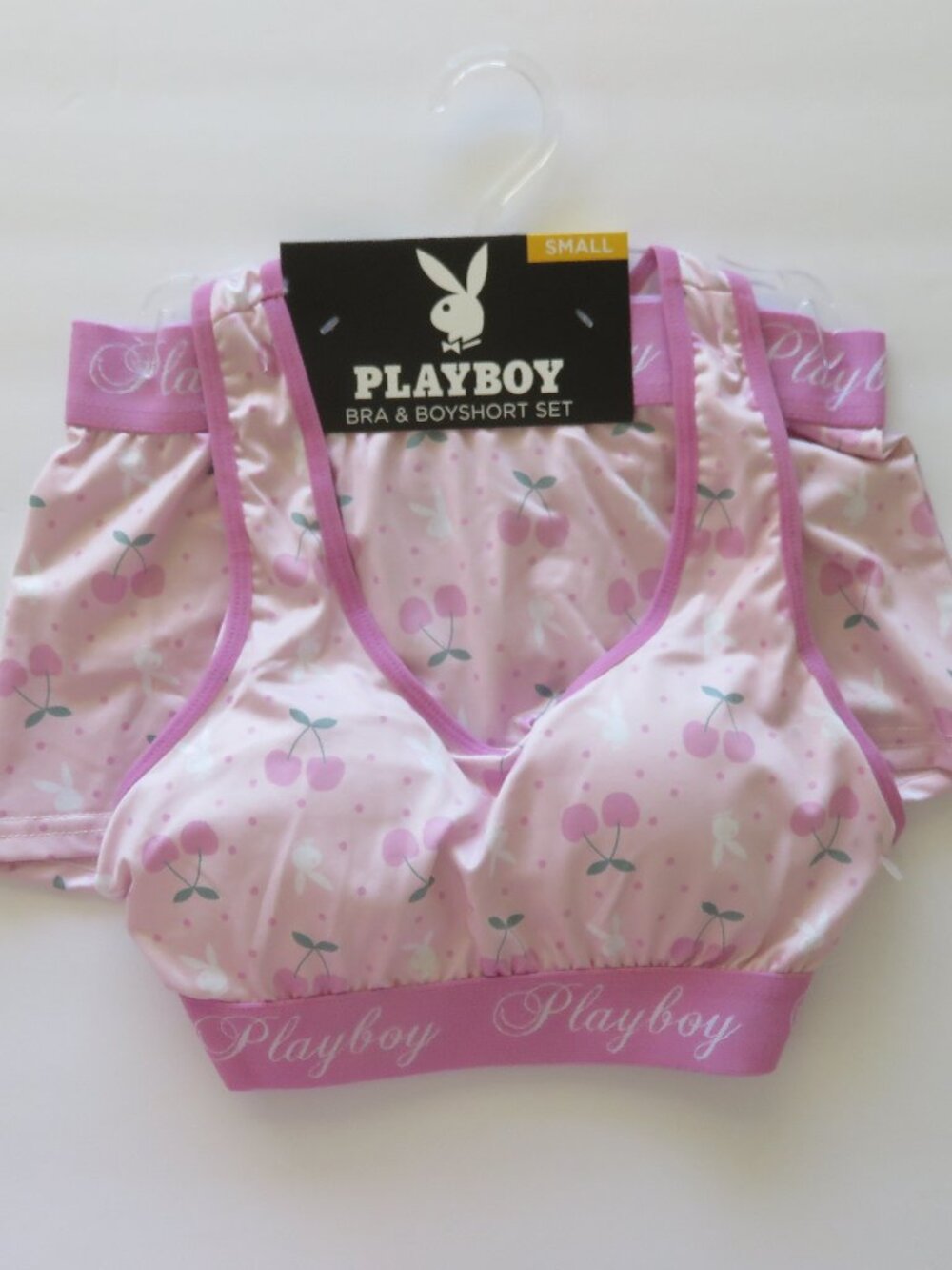 (#144) PLAYBOY Pink Cherry Print Bra & Boyshort Set Women’s Size Small